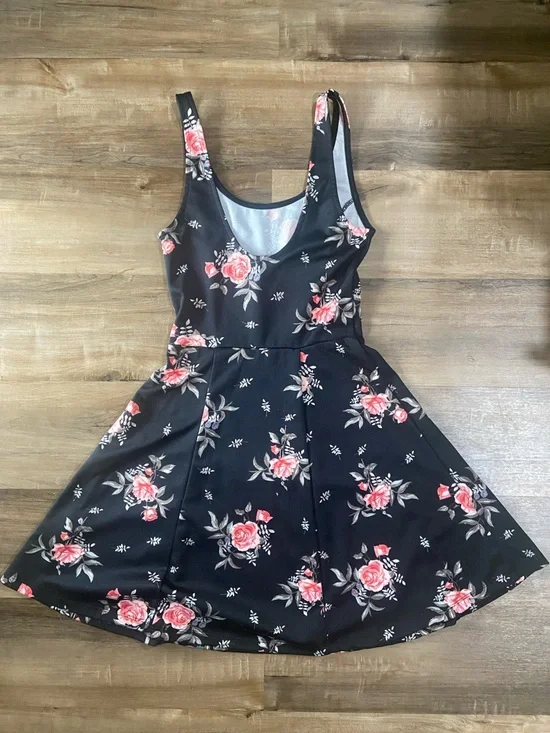 Black Floral A-Line Dress with Pink Rose Print - Picture 7 of 7